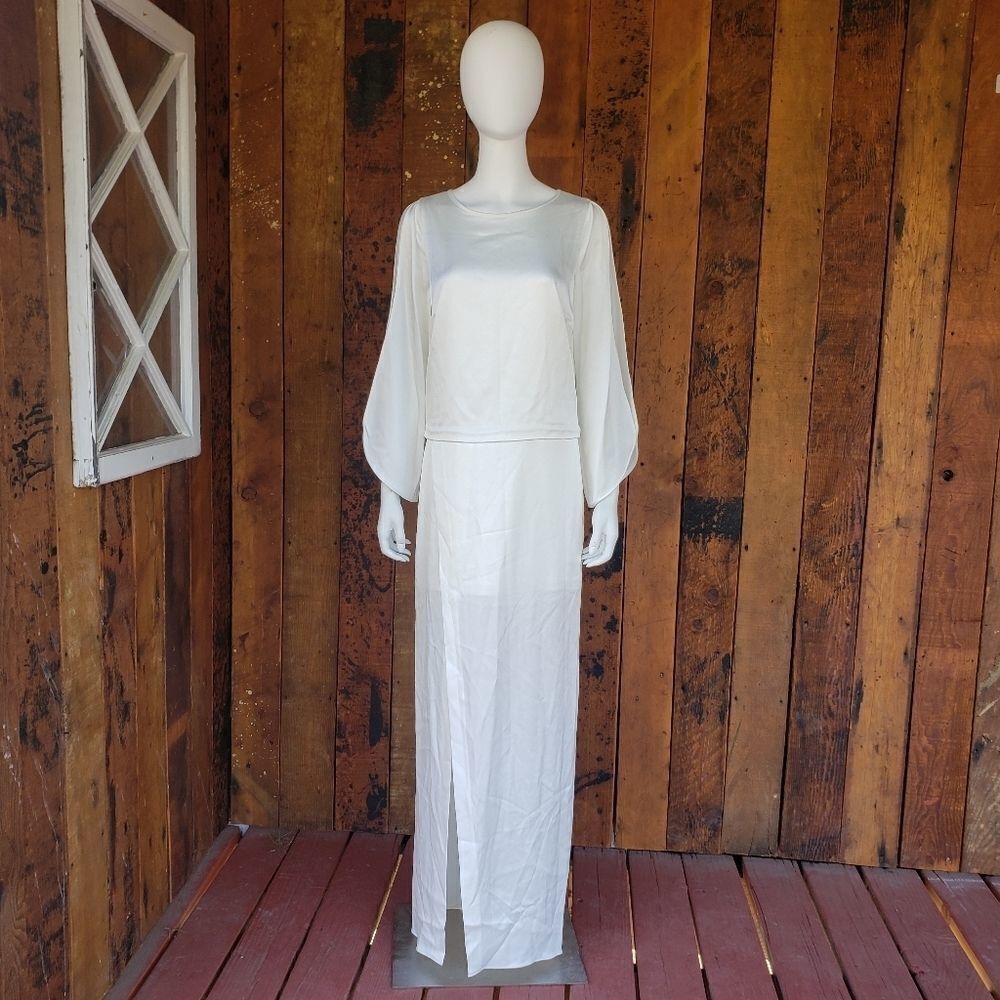 Halston Heritage Satin Wrap Effect Gown Off-white